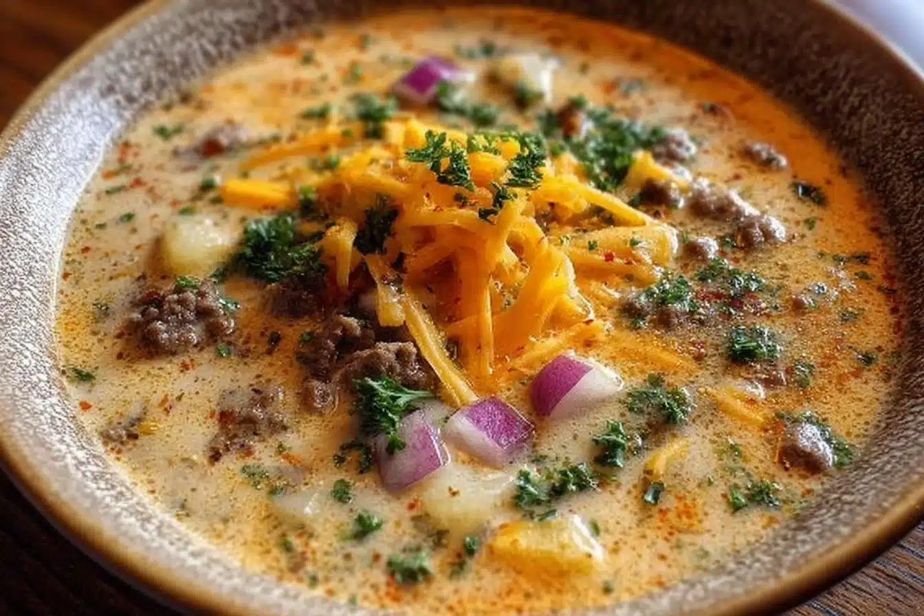 Creamy cheeseburger soup topped with cheese and parsley in a bowl