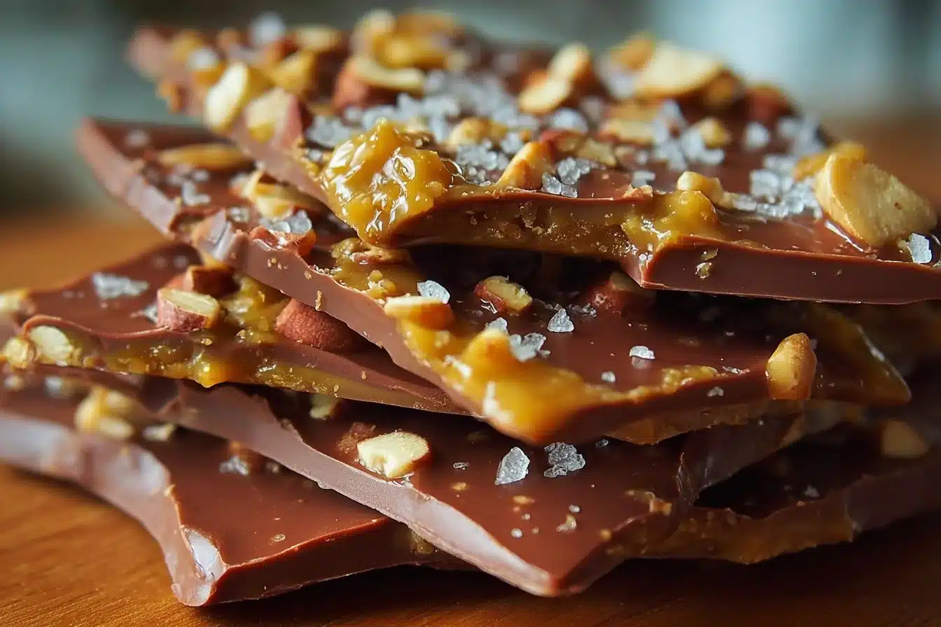 Irresistible Christmas toffee bark topped with chocolate and nuts.