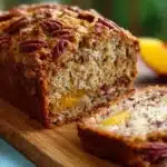 Freshly baked Peach Pecan Bread sliced on a wooden board