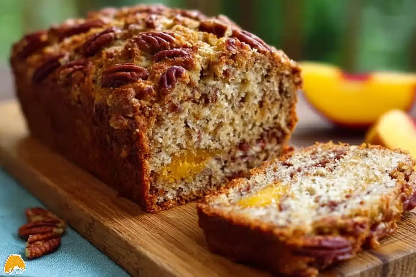Freshly baked Peach Pecan Bread sliced on a wooden board
