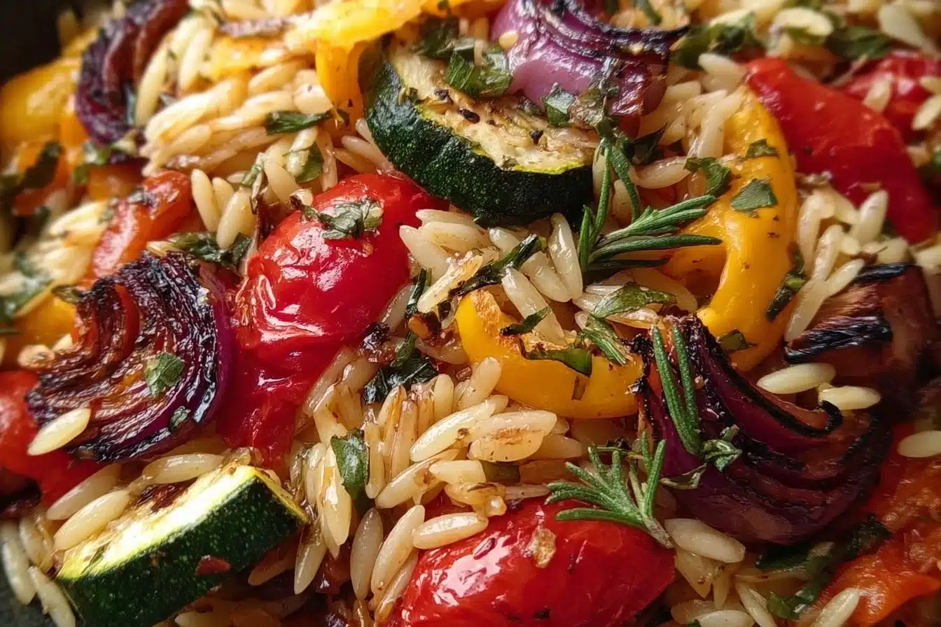 Delicious roasted vegetable orzo topped with fresh herbs