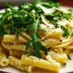 Creamy lemon ricotta pasta with arugula garnished with fresh herbs