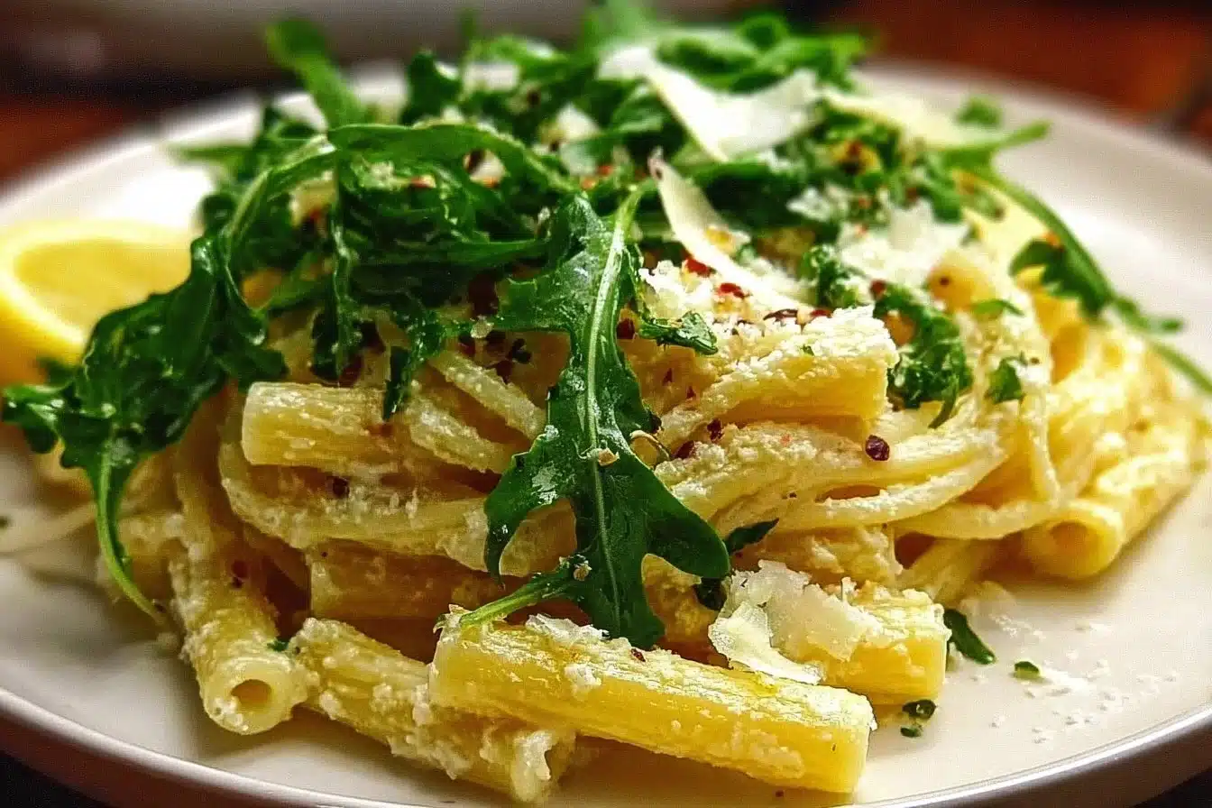 Creamy lemon ricotta pasta with arugula garnished with fresh herbs