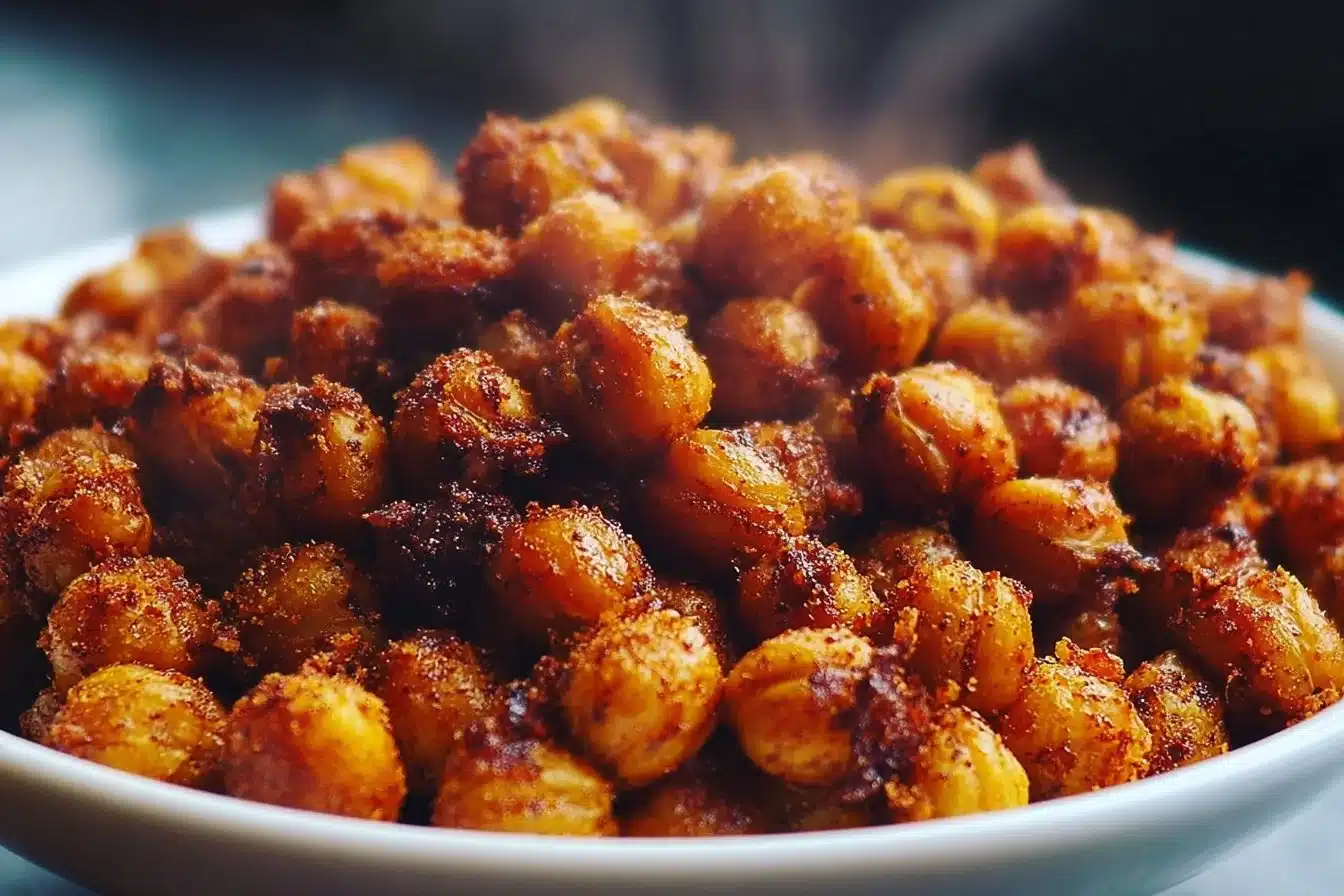 Sweet cinnamon sugar roasted chickpeas in a bowl, perfect healthy snack.