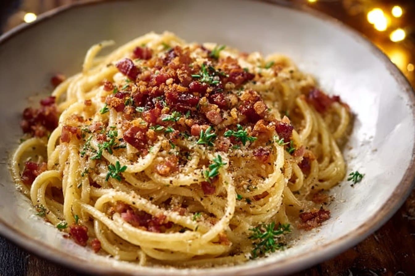 Garlic Butter Pasta with Crispy Bacon Crumble