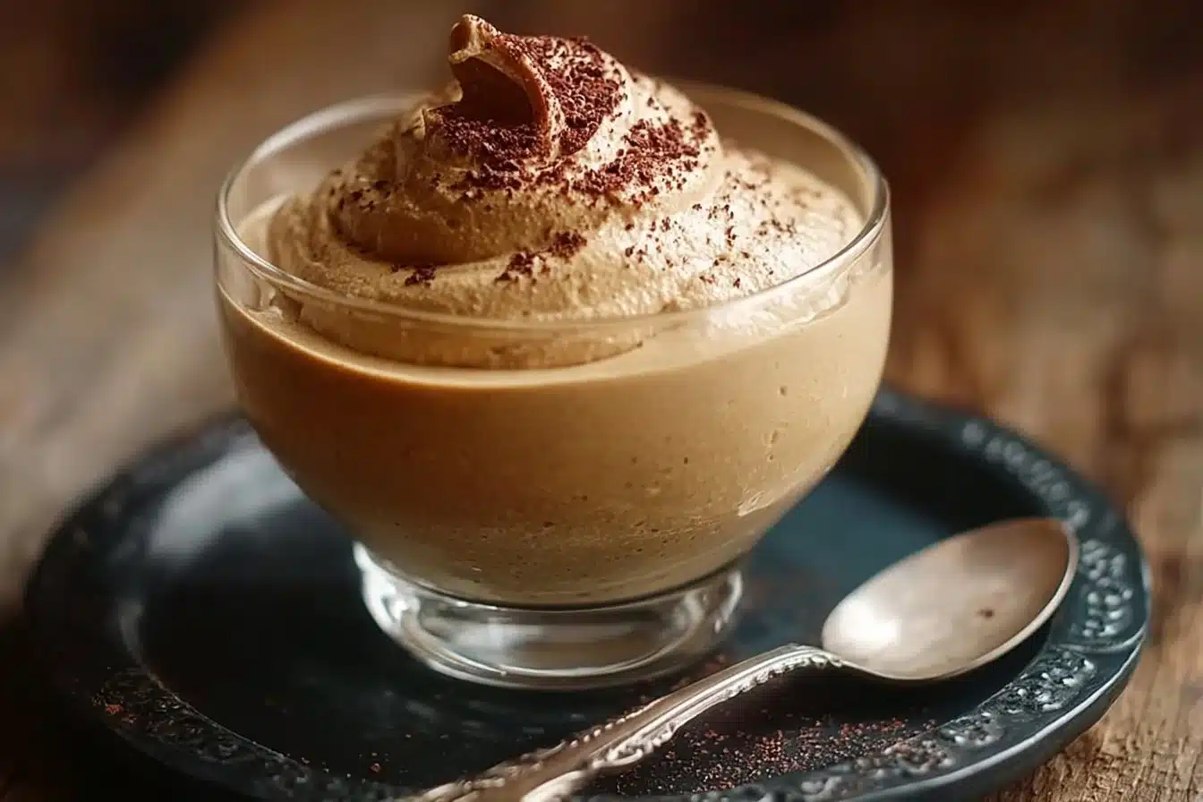 Vegan peanut butter mousse dessert in a bowl topped with crushed nuts